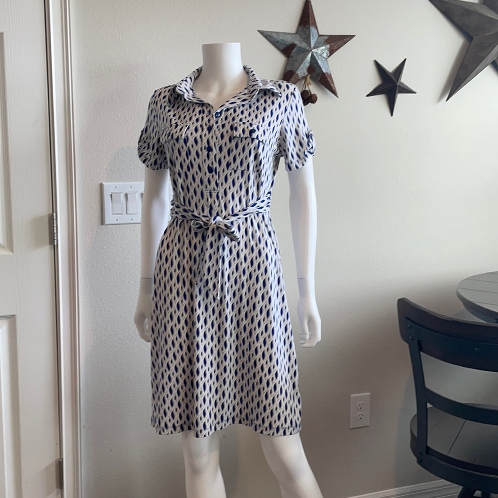 Blue white and grey patterned poly dress